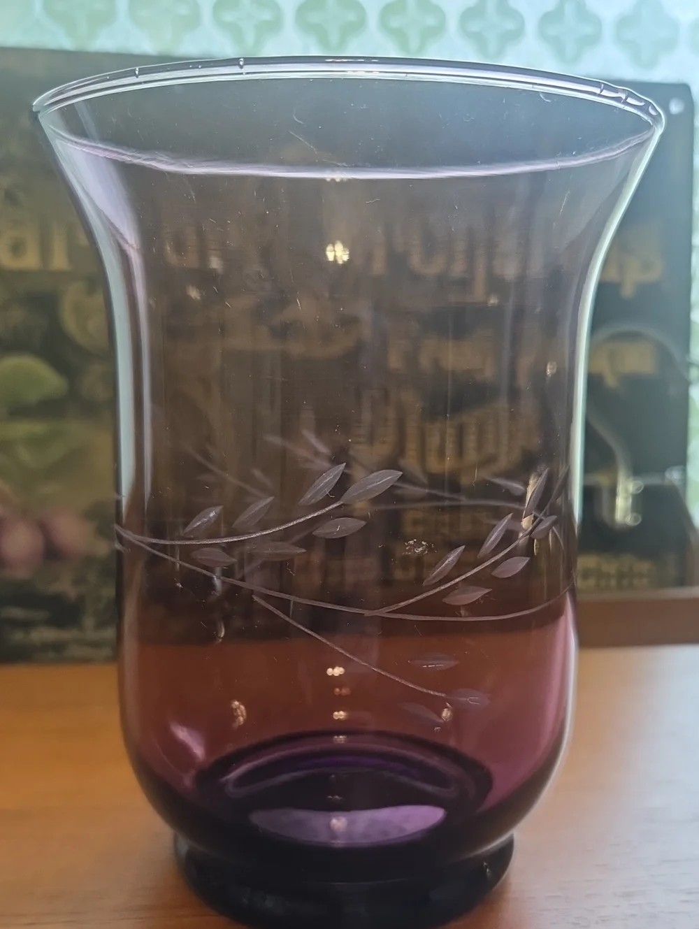 Vintage Purple Amethyst Plum Wheel  Etched Glass Vase - Purple Decorative Accent